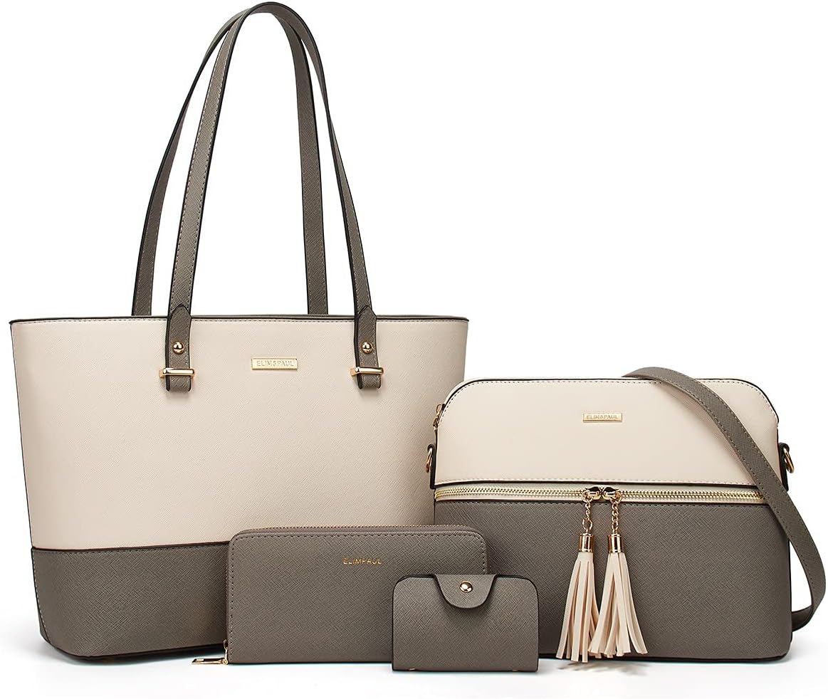 Women Fashion Synthetic Leather Handbags Tote Bag Shoulder Bag Top Handle Satchel Purse Set 4pcs