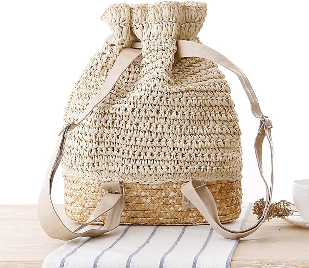 Women Knapsack Crochet Woven Straw bag with Leather Straps Shoulder Bags Drawstring Summer Holiday Beach Tote Beige bag - Image 2