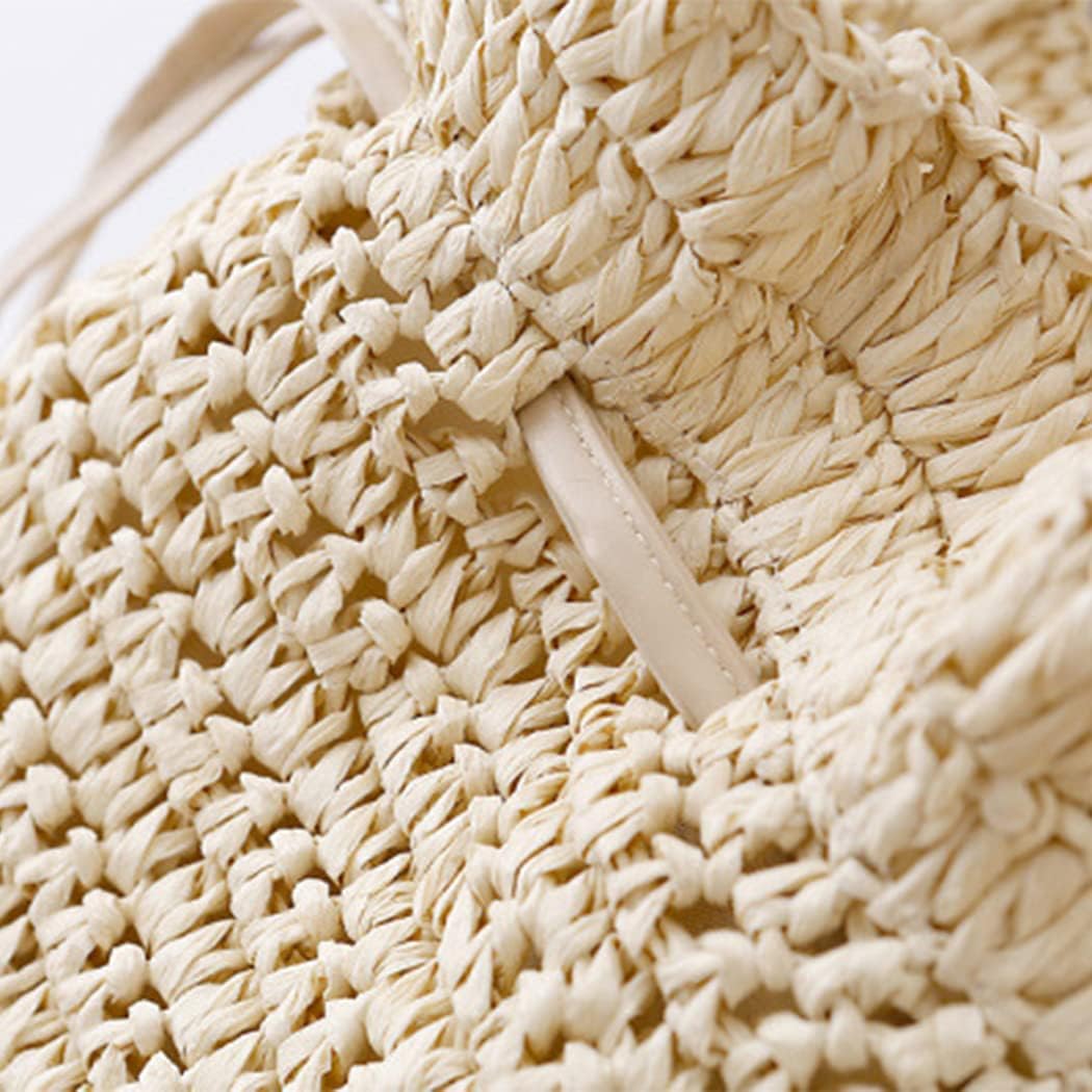 Women Knapsack Crochet Woven Straw bag with Leather Straps Shoulder Bags Drawstring Summer Holiday Beach Tote Beige bag - Image 9