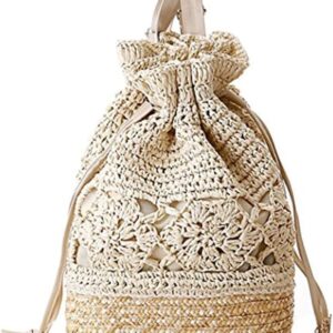 Women Knapsack Crochet Woven Straw bag with Leather Straps Shoulder Bags Drawstring Summer Holiday Beach Tote Beige bag