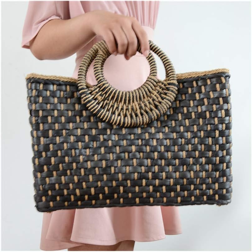 Women Straw Bag Beach Handbag Tote Bag Black - Image 4