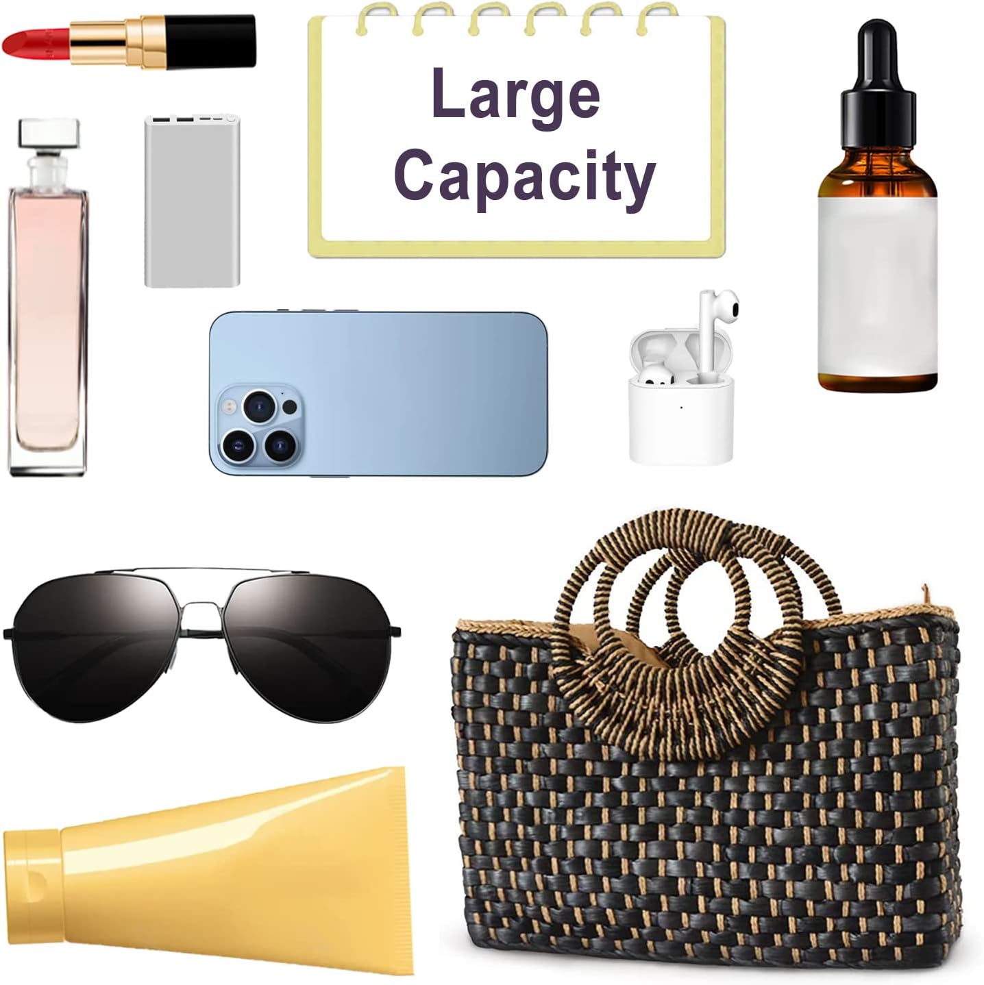 Women Straw Bag Beach Handbag Tote Bag Black - Image 6