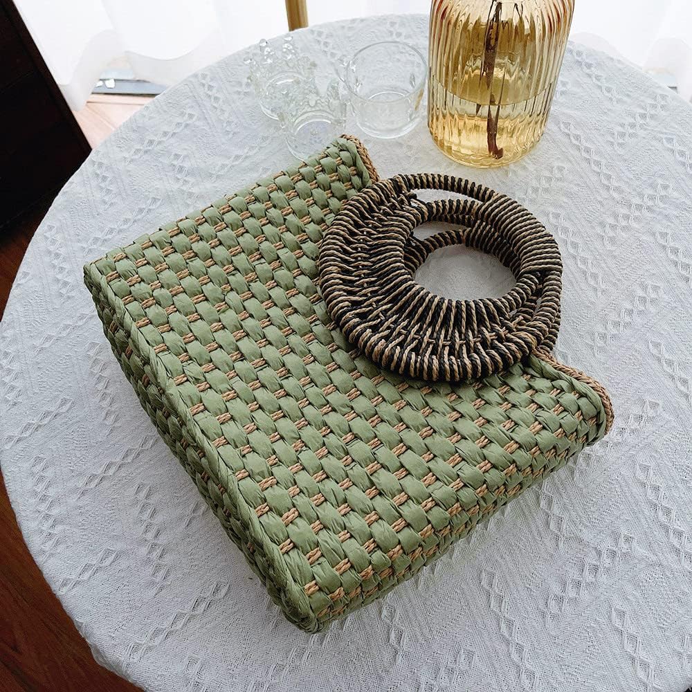 Women Straw Bag Beach Handbag Tote Bag Green - Image 8