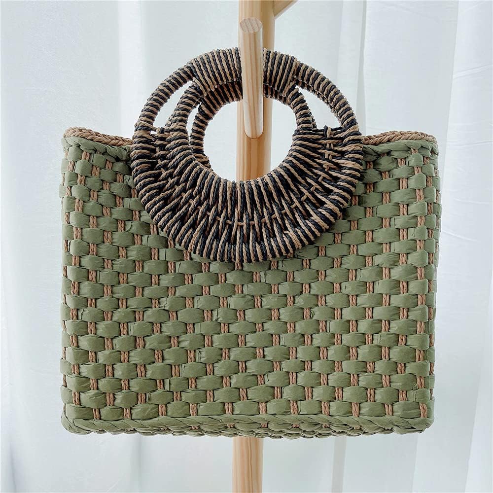 Women Straw Bag Beach Handbag Tote Bag Green - Image 9