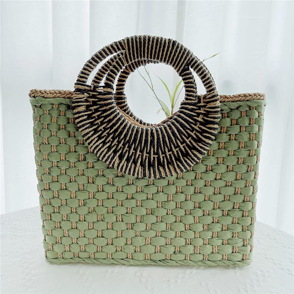 Women Straw Bag Beach Handbag Tote Bag Green - Image 4