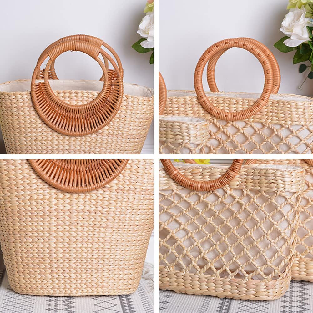 Women Straw Bag Large Woven Bag Round Handle Ring Tote Purse Retro Handbags Summer Beach Handbag - Image 4