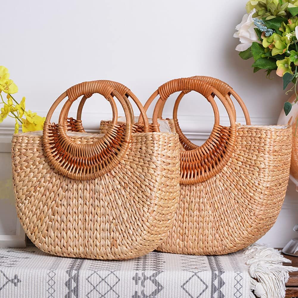 Women Straw Bag Large Woven Bag Round Handle Ring Tote Purse Retro Handbags Summer Beach Handbag - Image 3