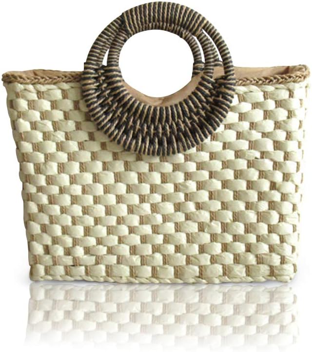 Women Summer Retro Straw Bag with Zip Hand-woven Beach Handbag Top Round Handle Boho Tote Bag Shopping and Travel Large Bag (Beige)
