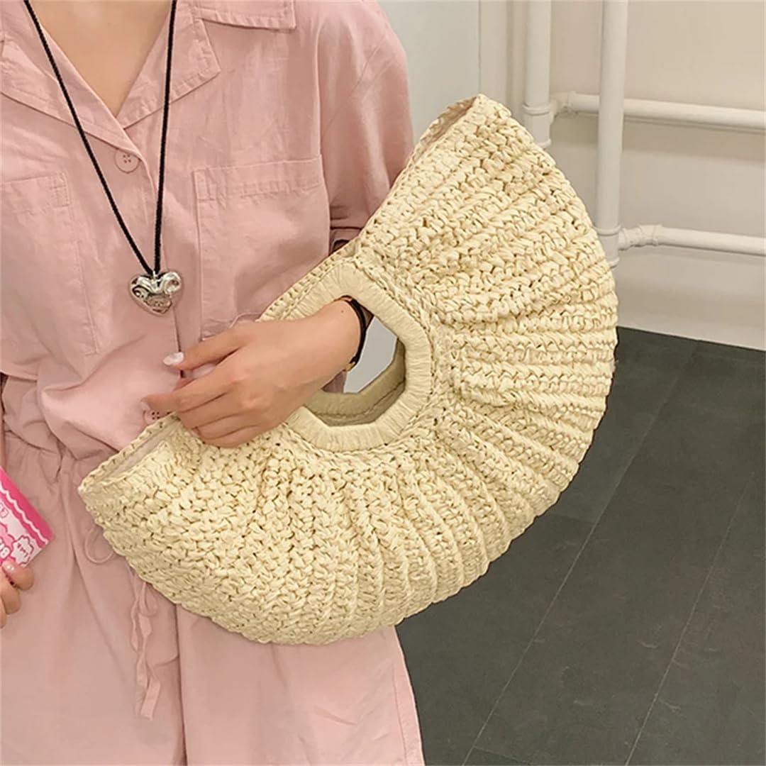 Women Summer Straw Half-Moon Beach Handbag Rattan Handmade Handle Kintted Tote Bag - Image 3