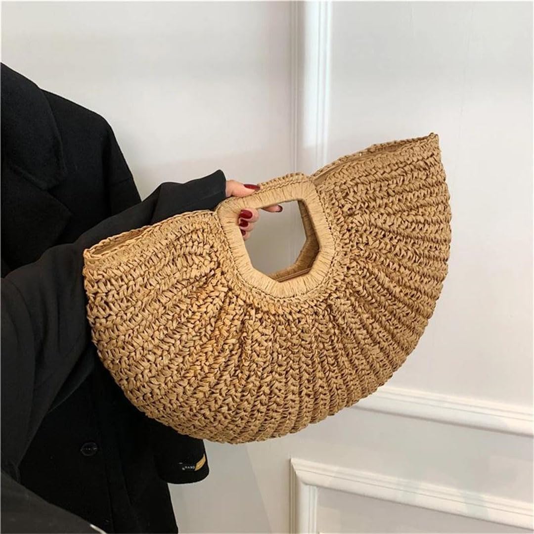Women Summer Straw Half-Moon Beach Handbag Rattan Handmade Handle Kintted Tote Bag - Image 2