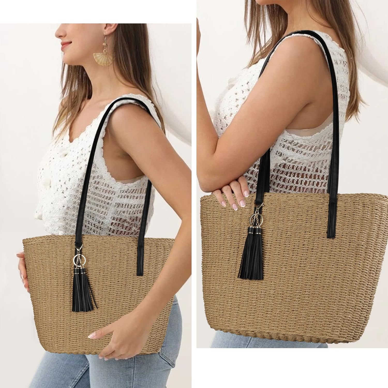 Womens Large Straw Tote Bag Handmade Woven Shoulder Handbag Summer Beach Purse with Tassel - Image 2