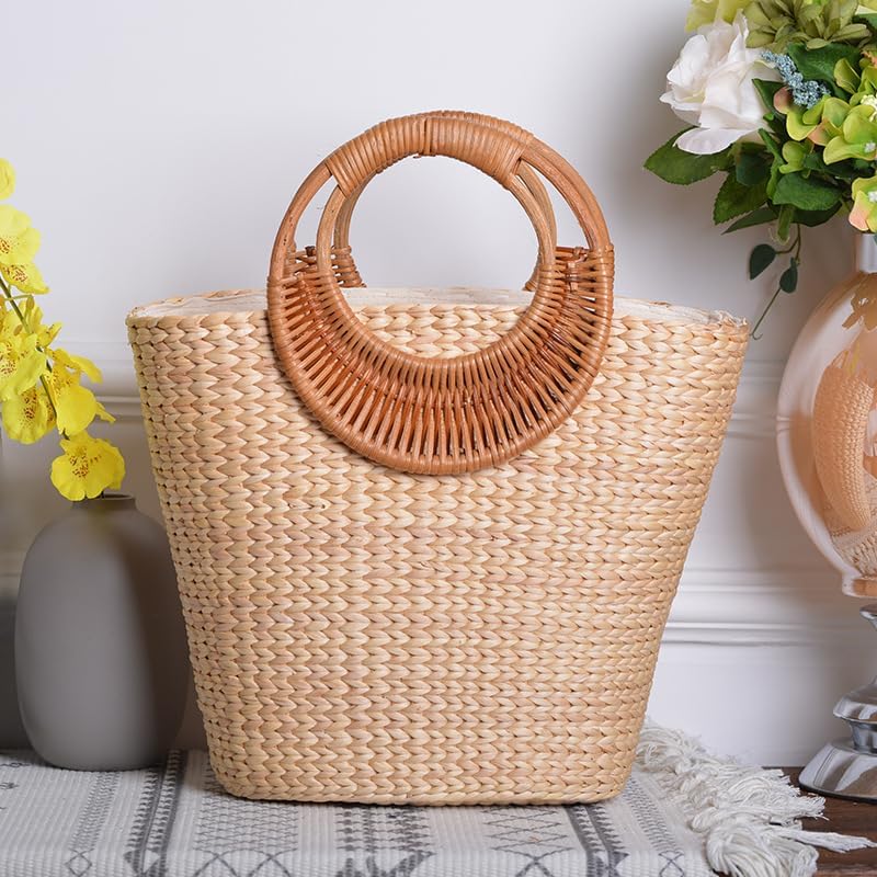 Women's Straw Shoulder Bag Women Large Woven Bag Round Handle Ring Tote Purse Retro Handbags Summer Travel Beach Handbag Hand Woven Straw Large Hobo Bag Big Capacity Handmade Bag for Girls Women C - Image 4