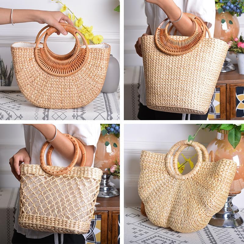 Women's Straw Shoulder Bag Women Large Woven Bag Round Handle Ring Tote Purse Retro Handbags Summer Travel Beach Handbag Hand Woven Straw Large Hobo Bag Big Capacity Handmade Bag for Girls Women C - Image 6