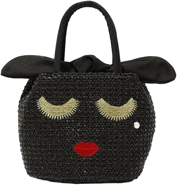 Women's Straw Tote Bag with Eyelashes & Lips Design, Bohemian Handwoven Beach Bag, Lightweight Woven Purse with Drawstring for Picnic, Travel, Shopping, Daily Use