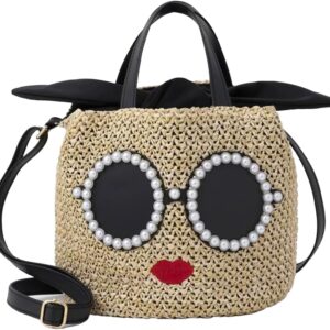Women's Straw Tote Bag with Sunglasses & Lips Design, Bohemian Handwoven Beach Bag, Lightweight Woven Purse with Drawstring for Picnic, Travel, Shopping, Daily Use