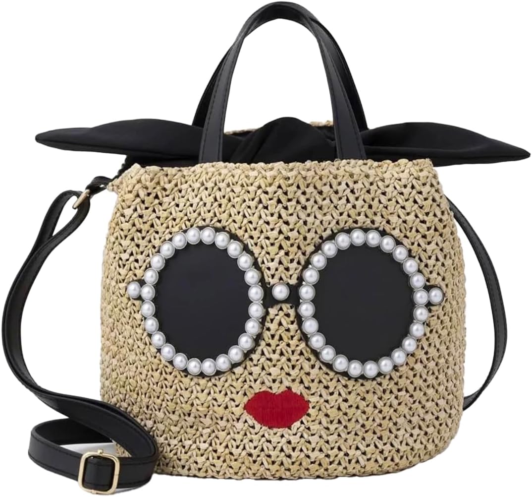 Women's Straw Tote Bag with Sunglasses & Lips Design, Bohemian Handwoven Beach Bag, Lightweight Woven Purse with Drawstring for Picnic, Travel, Shopping, Daily Use