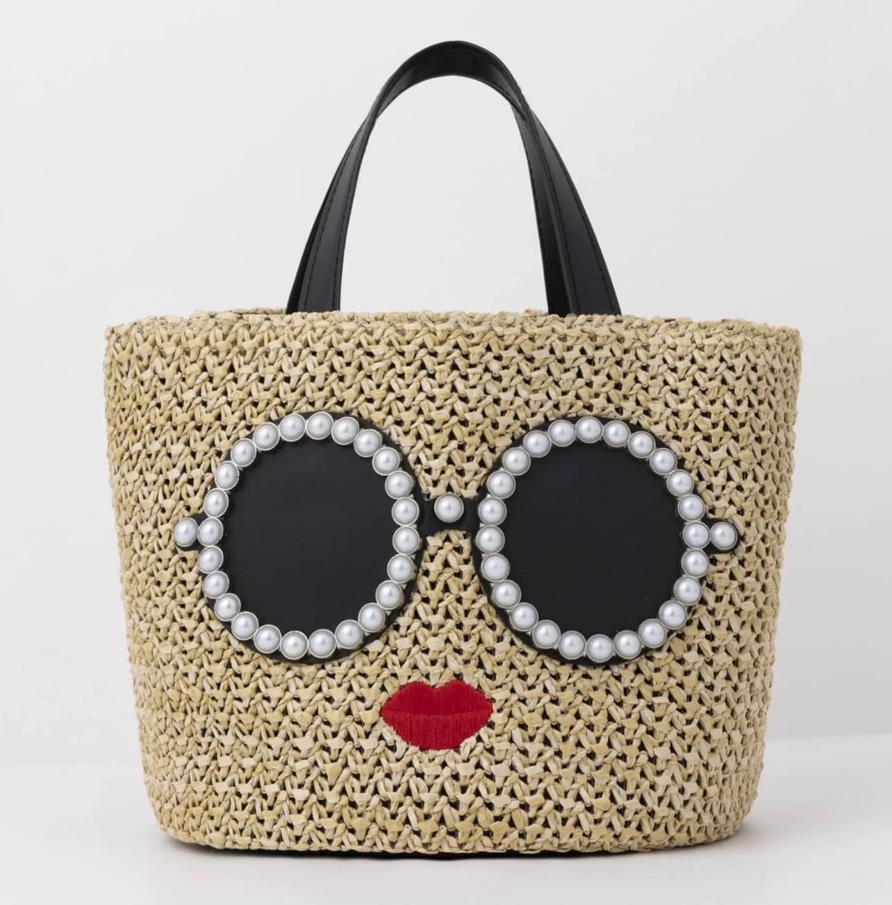 Women's Straw Tote Bag with Sunglasses & Lips Design, Bohemian Handwoven Beach Bag, Lightweight Woven Purse with Drawstring for Picnic, Travel, Shopping, Daily Use - Image 4