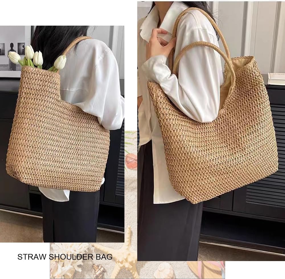 YAVCOOL Straw Beach Bags for Women Woven Beach Tote Bag Casual Boho Large Shoulder Handbags Purse for Vacation Holiday - Image 7