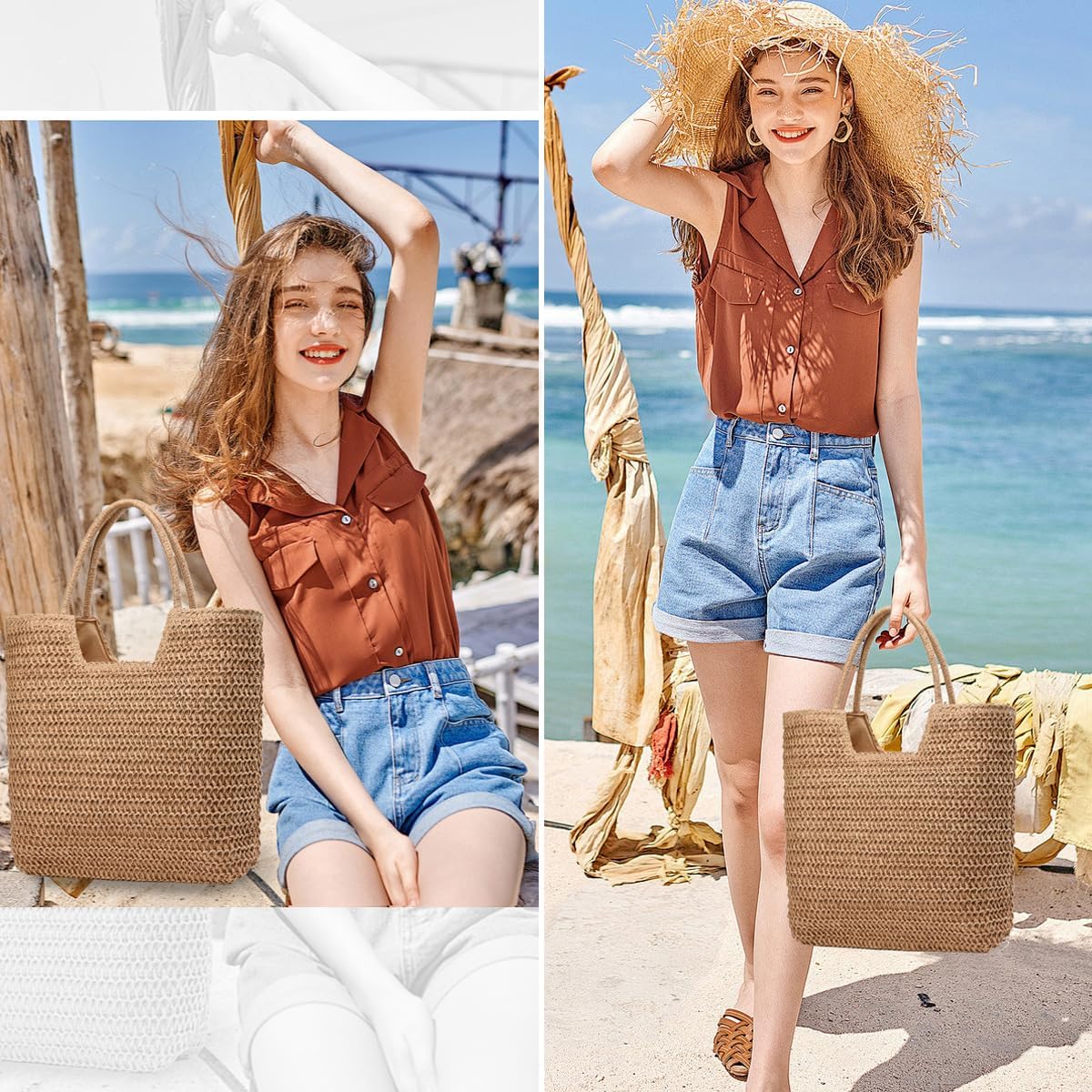 YAVCOOL Straw Beach Bags for Women Woven Beach Tote Bag Casual Boho Large Shoulder Handbags Purse for Vacation Holiday - Image 2
