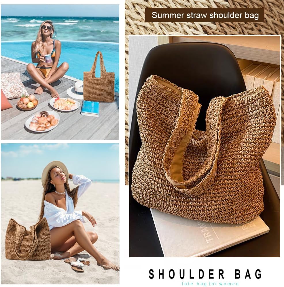 YAVCOOL Straw Beach Bags for Women Woven Beach Tote Bag Casual Boho Large Shoulder Handbags Purse for Vacation Holiday - Image 5