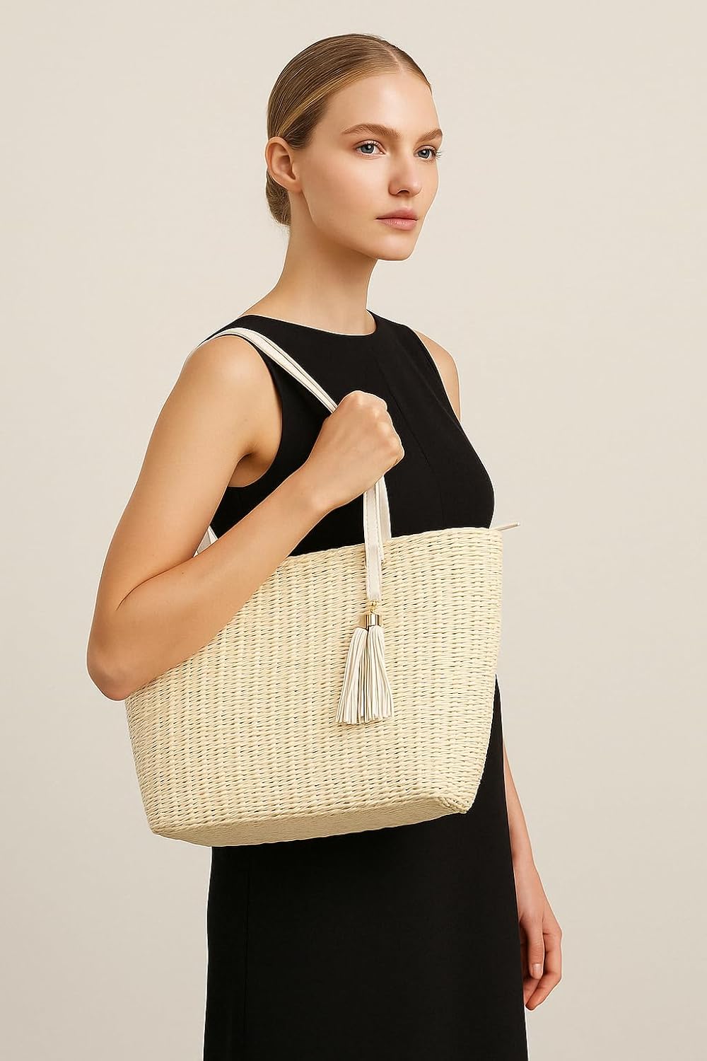 YXILEE Straw Bags For Women | M Size Travel Straw Totes Bag Woven Summer Handmade Shoulder Bag Handbag - Image 6