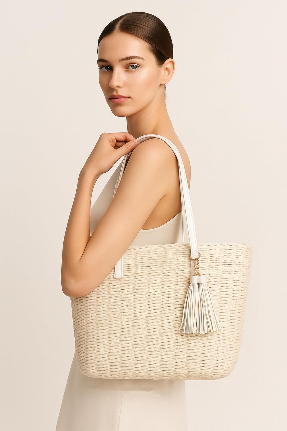 YXILEE Straw Bags For Women | M Size Travel Straw Totes Bag Woven Summer Handmade Shoulder Bag Handbag - Image 3