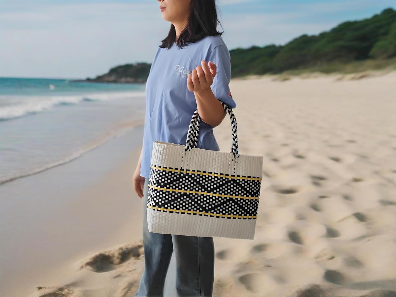 YY GEWETAO Handwoven Super Tote Bag for Women Recycled Plastic Shoulder Purse Summer Beach Bag, Pool Swimming Bag - Image 2