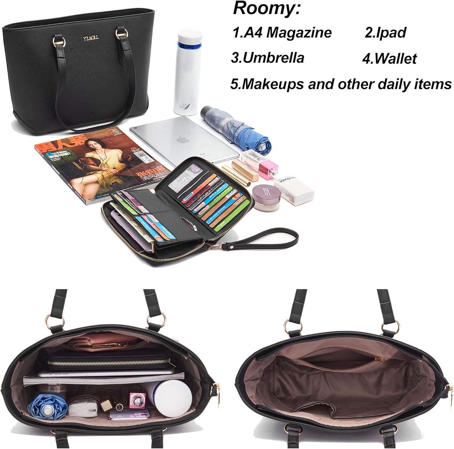 YZAOLL Purses for Women Faux Leather Medium Large Tote Satchel Shoulder Purse Handbag Wallet set - Image 4